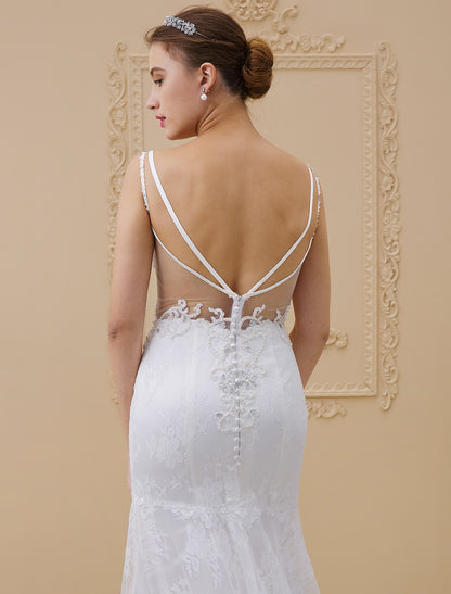 Mermaid / Trumpet Spaghetti Strap Chapel Train Beaded Lace Made-To-Measure Wedding Dresses with Beading / Appliques / Buttons by / Open Back