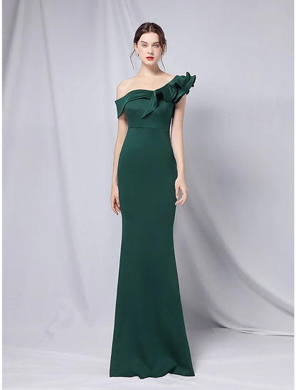 Mermaid / Trumpet Evening Gown Empire Dress Wedding Guest Floor Length Short Sleeve One Shoulder Stretch Satin with Ruffles