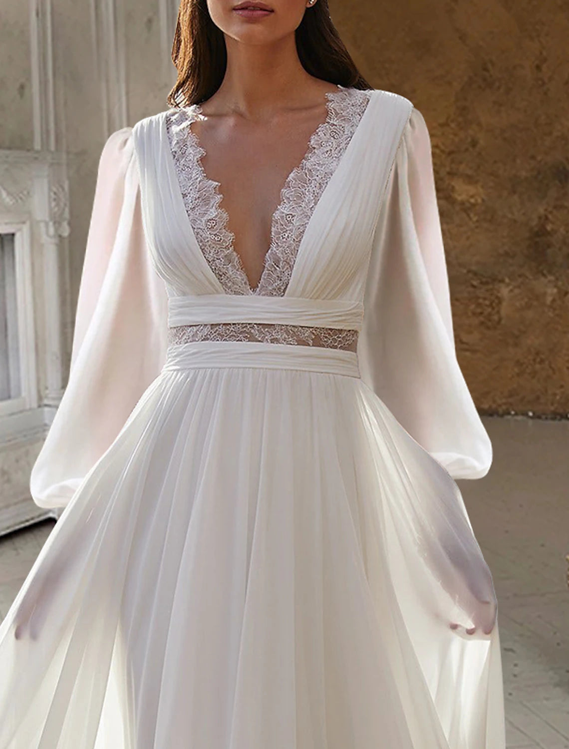 Beach Open Back Boho Wedding Dresses A-Line V Neck Long Sleeve Floor Length Chiffon Bridal Gowns With Appliques Solid Color