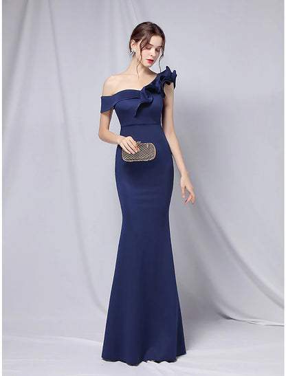 Mermaid / Trumpet Evening Gown Empire Dress Wedding Guest Floor Length Short Sleeve One Shoulder Stretch Satin with Ruffles