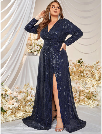 A-Line Evening Gown Plus Size Dress Formal Wedding Sweep / Brush Train Long Sleeve V Neck Polyester with Sequin Slit