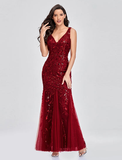 Mermaid / Trumpet Empire Elegant Party Wear Formal Evening Valentine's Day Dress V Neck V Back Sleeveless Floor Length Tulle with Embroidery