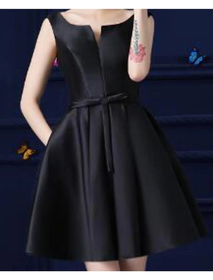 A-Line Cocktail Dresses Minimalist Dress Homecoming Short / Mini Sleeveless Jewel Neck Satin with Sash / Ribbon Bow(s)