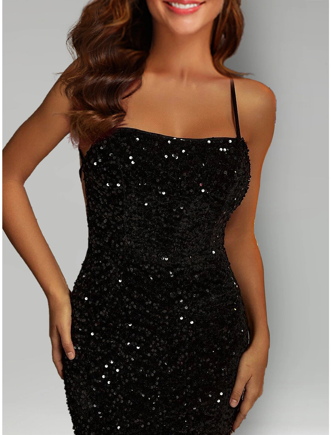 Mermaid / Trumpet Evening Gown Black Dress Formal Sweep / Brush Train Sleeveless Halter Sequined with Sequin