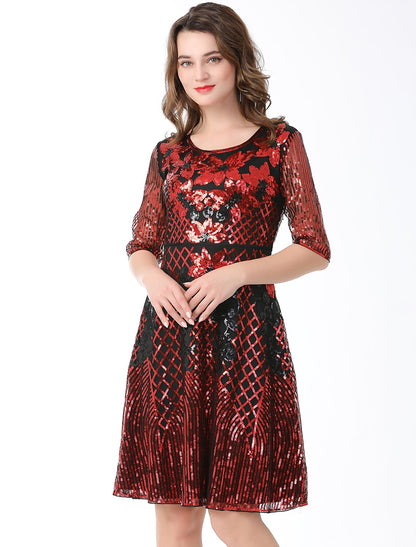 A-Line Cocktail Dresses Vintage Dress Holiday Knee Length Half Sleeve Jewel Neck Cotton Blend with Sequin Splicing