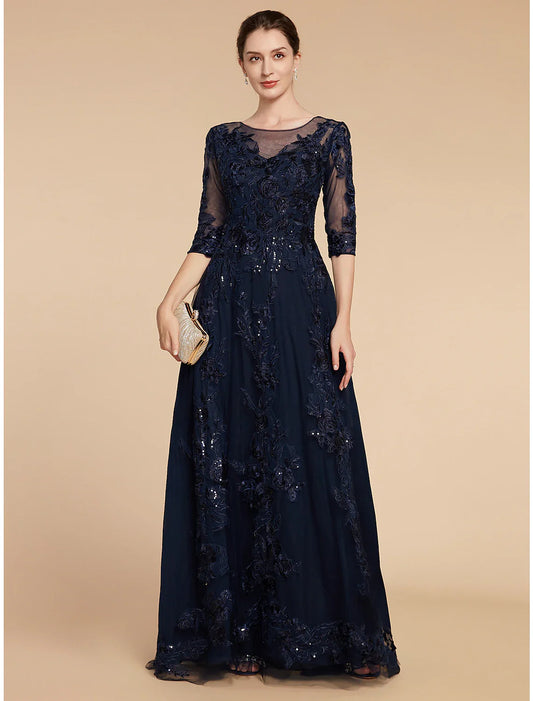 DingjiA-Line Mother of the Bride Dress Formal Wedding Guest Elegant Party Scoop Neck Floor Length Chiffon Lace 3/4 Length Sleeve with Sequin Appliques