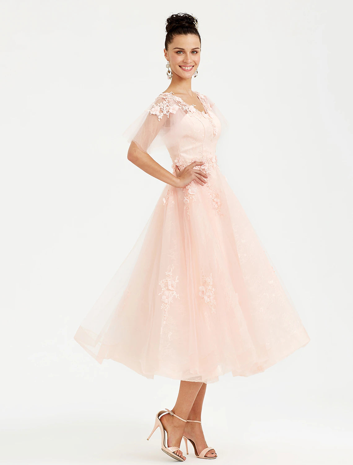 A-Line Prom Dresses Elegant Dress Wedding Guest Tea Length Short Sleeve V Neck Tulle with Appliques