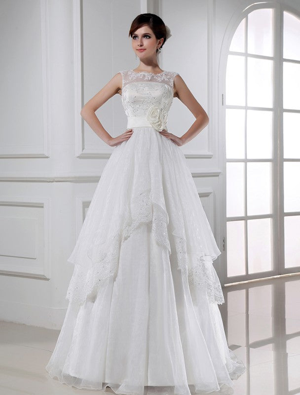 A-Line/Princess Beading Sleeveless Long Lace Organza Wedding Dresses