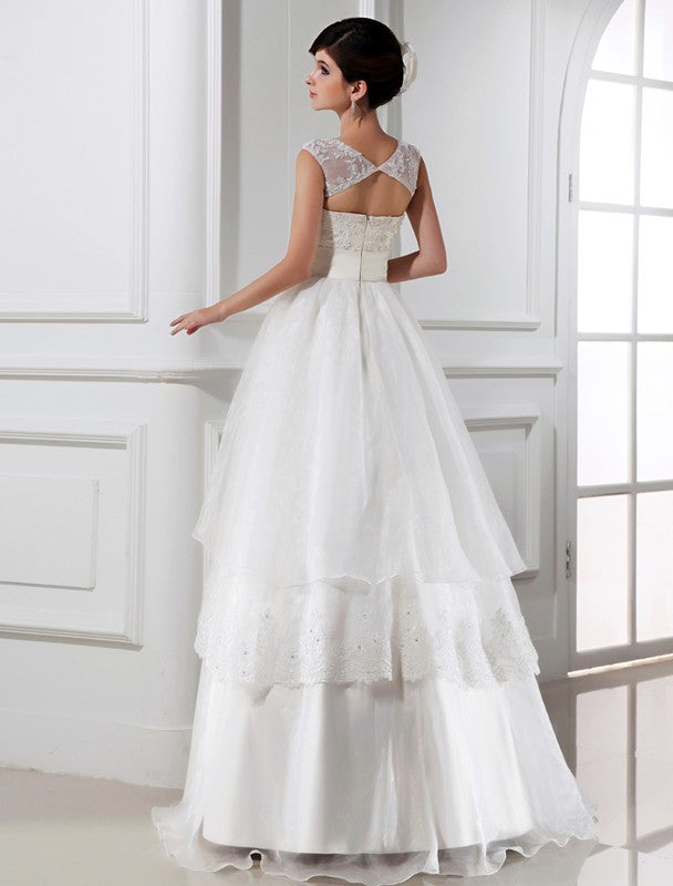 A-Line/Princess Beading Sleeveless Long Lace Organza Wedding Dresses