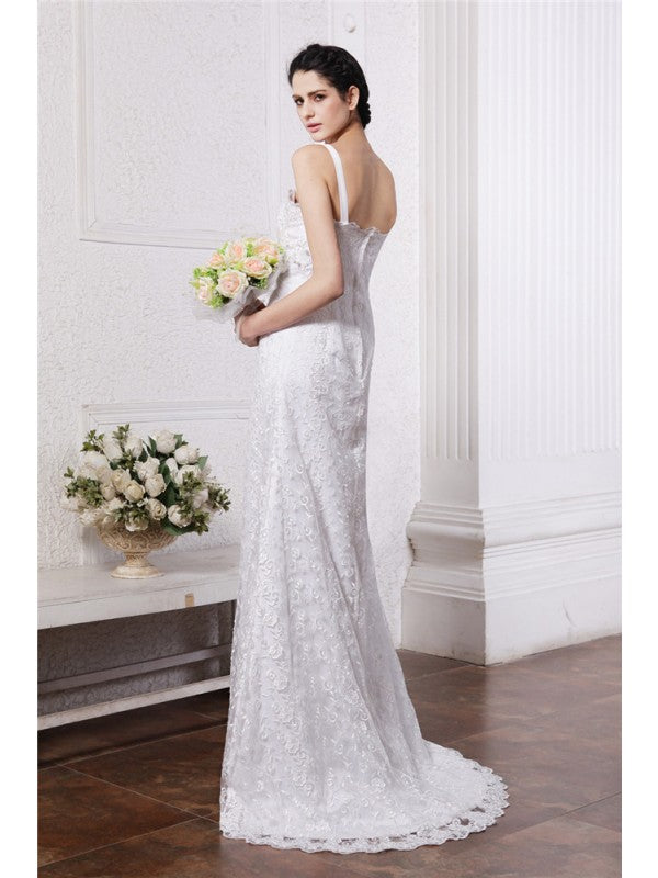 Sheath/Column Retro Square Neck 3/4 Sleeves Tea Length Elegant Wedding Dress With Ruffles main image 1