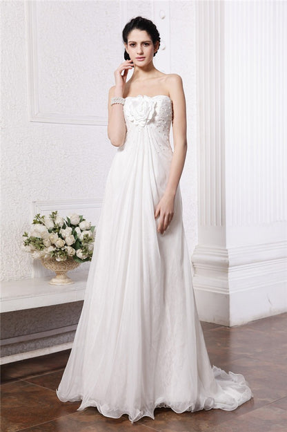 A-Line/Princess Strapless Sleeveless Beading Hand-Made Flower Long Chiffon Wedding Dresses