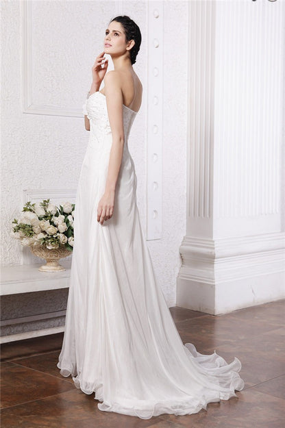 A-Line/Princess Strapless Sleeveless Beading Hand-Made Flower Long Chiffon Wedding Dresses