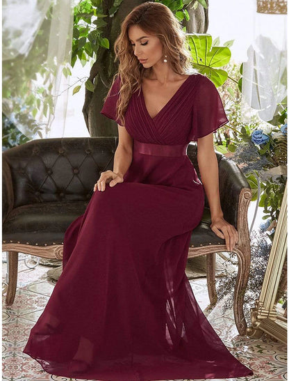 A-Line Evening Gown Empire Dress Wedding Guest Floor Length Short Sleeve V Neck Chiffon V Back with Ruffles Pure Color