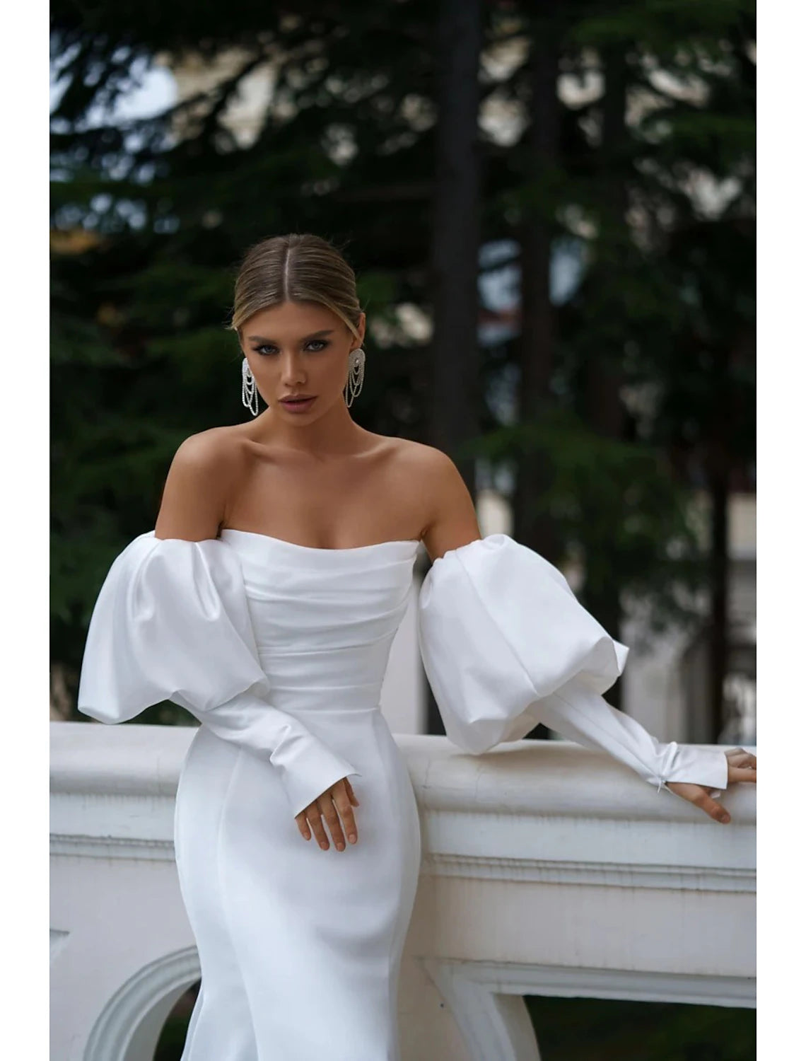 Hall Casual Wedding Dresses Mermaid / Trumpet Off Shoulder Long Sleeve Court Train Satin Bridal Gowns With Ruched Solid Color Summer Wedding Party