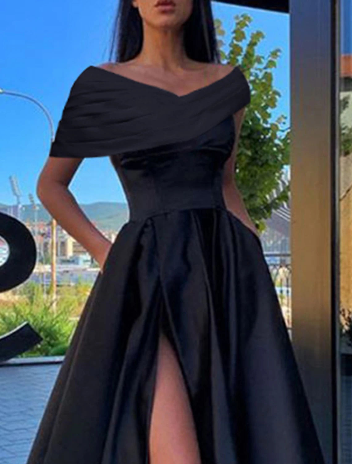 A-Line Prom Dresses Little Black Dress Dress Formal Wedding Party Floor Length Short Sleeve Off Shoulder Satin with Ruched Slit