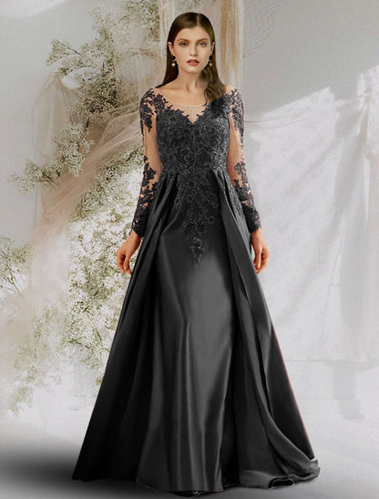 A-Line Beautiful Back Sexy Floral Prom Formal Evening Dress Boat Neck Long Sleeve Sweep / Brush Train Satin with Appliques / Open Back