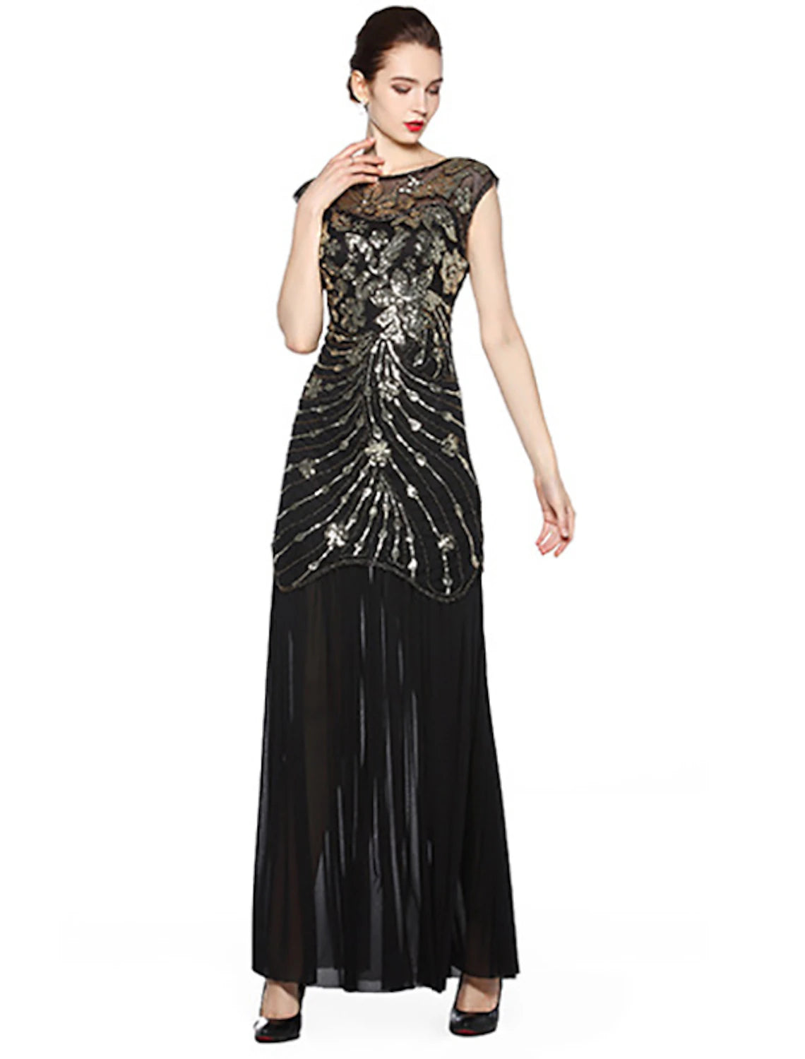 A-Line Evening Gown Vintage Dress Holiday Floor Length Sleeveless Jewel Neck Spandex V Back with Sequin Embroidery