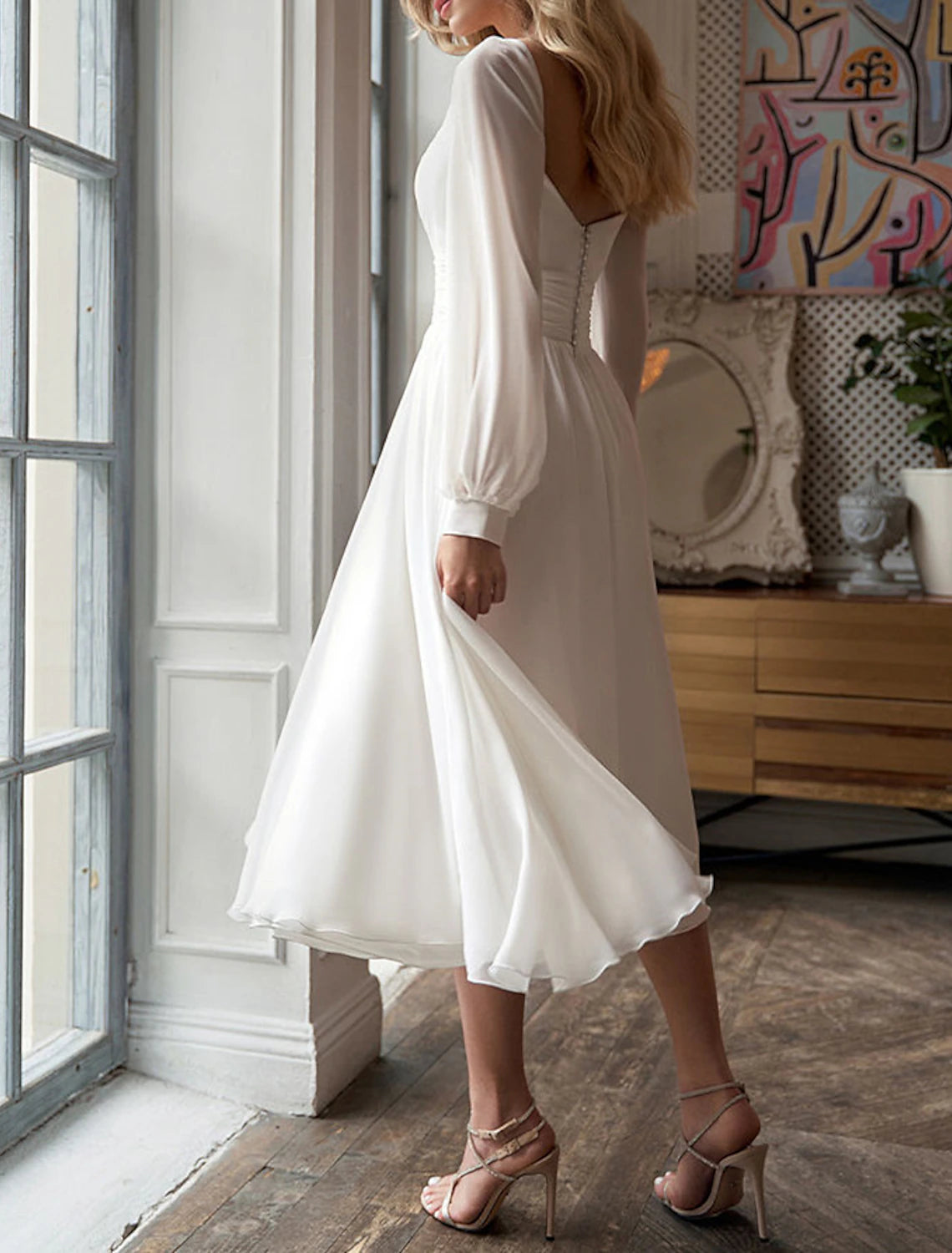 Bridal Shower Little White Dresses Fall Wedding Dresses A-Line Sweetheart Long Sleeve Tea Length Chiffon Bridal Gowns With Ruched Split Front Summer Wedding Party, Women's Clothing