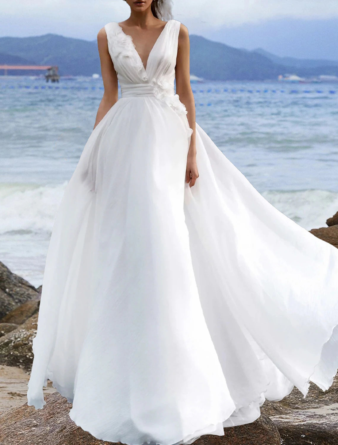 Beach Boho Wedding Dresses A-Line V Neck Sleeveless Court Train Chiffon Bridal Gowns With Solid Color