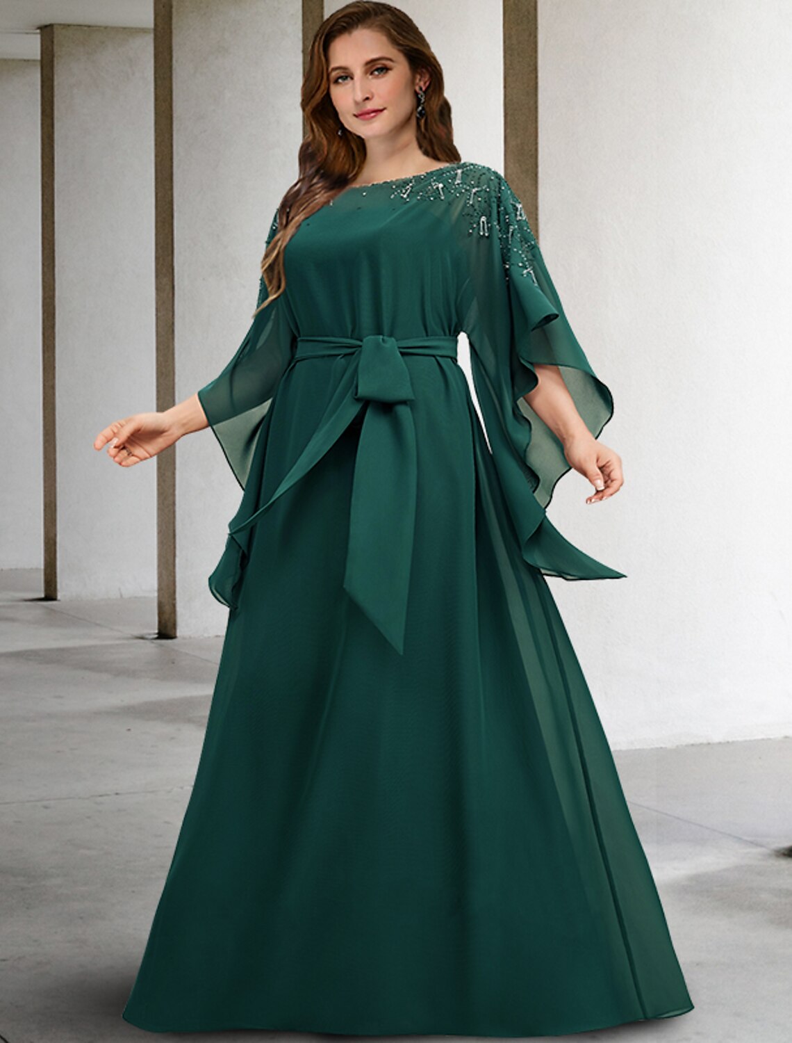 A-Line Plus Size Curve Mother of the Bride Dresses Elegant Dress Formal Floor Length Half Sleeve Jewel Neck Chiffon with Beading Strappy