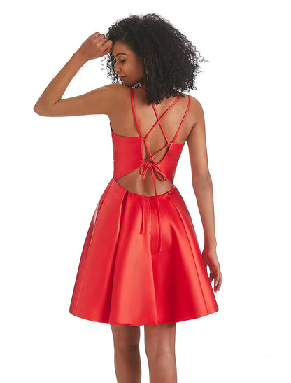 A-Line Homecoming Dresses Backless Dress Holiday Short / Mini Sleeveless V Neck Satin with Pleats