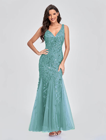 Mermaid / Trumpet Empire Elegant Party Wear Formal Evening Valentine's Day Dress V Neck V Back Sleeveless Floor Length Tulle with Embroidery