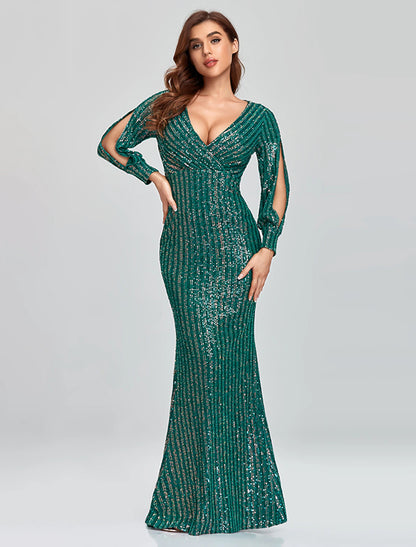 Mermaid / Trumpet Evening Gown Sparkle Dress Party Wear Floor Length Long Sleeve V Neck Sequined with Sequin