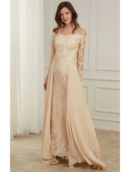 A-Line Evening Gown Elegant Dress Wedding Guest Formal Evening Floor Length Long Sleeve Off Shoulder Polyester with Overskirt Appliques