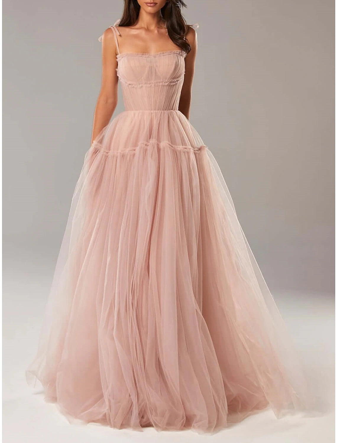 A-Line Prom Dresses Elegant Dress Wedding Guest Prom Floor Length Sleeveless Spaghetti Strap Tulle with Pleats Ruffles