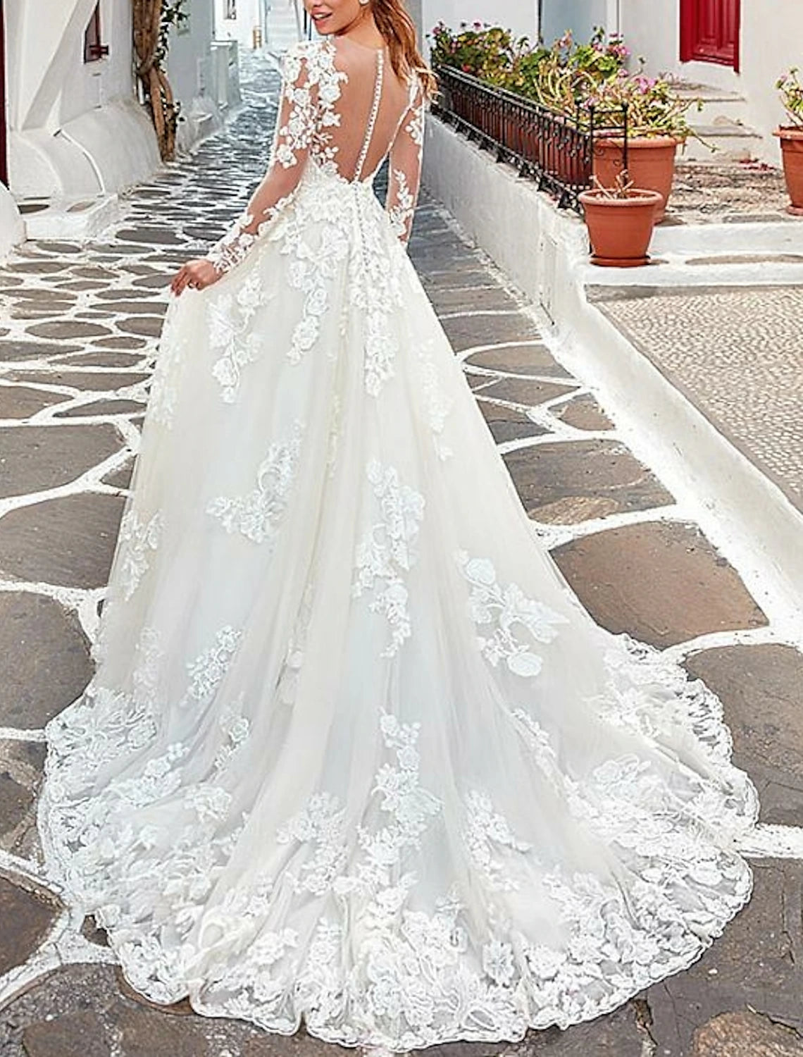 Engagement Formal Wedding Dresses A-Line V Neck Long Sleeve Court Train Lace Bridal Gowns With Buttons Appliques