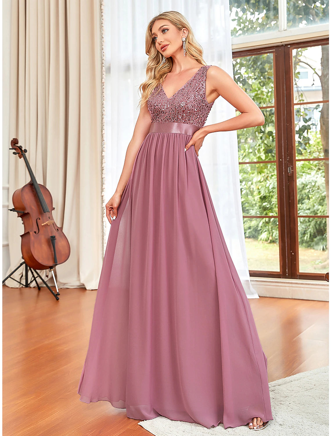 A-Line Prom Dresses Elegant Dress Wedding Guest Floor Length Sleeveless V Neck Chiffon V Back with Draping Pure Color