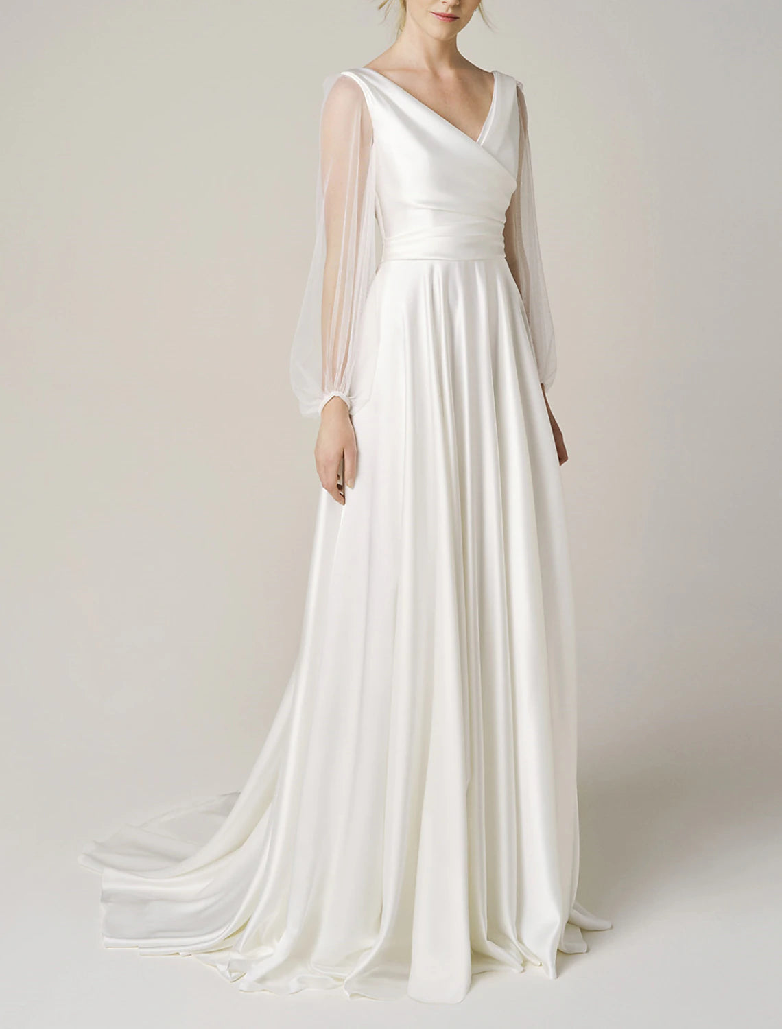 Hall Casual Wedding Dresses A-Line V Neck Long Sleeve Sweep / Brush Train Chiffon Bridal Gowns With Solid Color