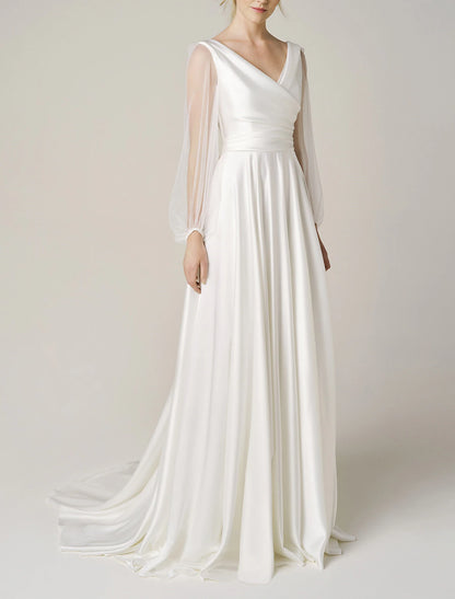 Hall Casual Wedding Dresses A-Line V Neck Long Sleeve Sweep / Brush Train Chiffon Bridal Gowns With Solid Color