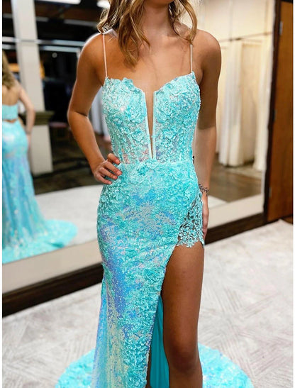 Mermaid / Trumpet Prom Dresses High Split Dress Formal Court Train Sleeveless V Neck Sequined with Slit Appliques