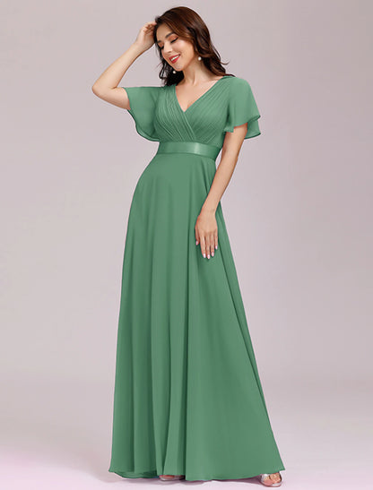 A-Line Empire Fall Wedding Guest Dress For Bridesmaid Plus Size Formal Evening Dress V Neck Short Sleeve Floor Length Chiffon with Pleats Ruched