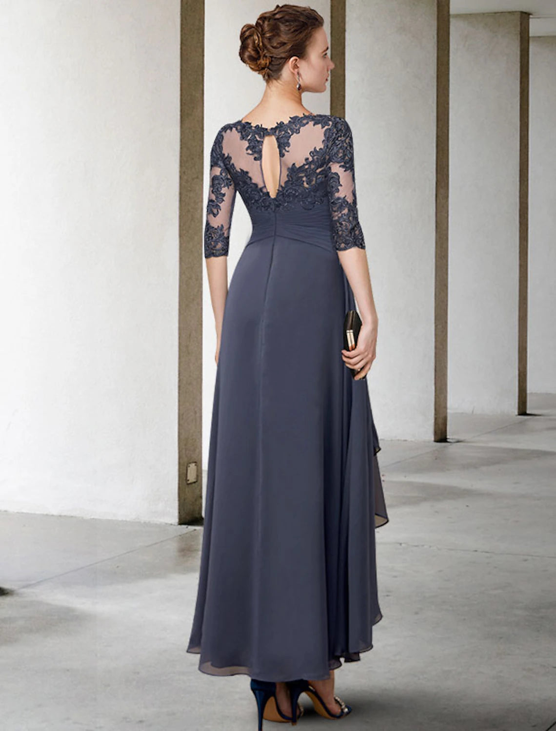 A-Line Mother of the Bride Dress Fall Wedding Guest Plus Size Elegant High Low Jewel Neck Asymmetrical Tea Length Chiffon Lace Half Sleeve with Ruched Appliques 2023