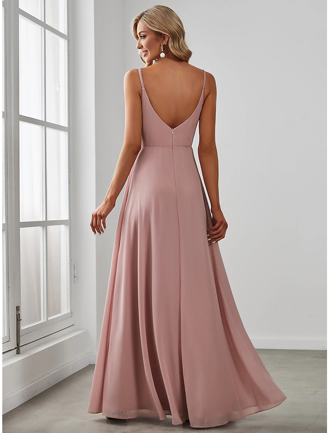 A-Line Bridesmaid Dress V Neck Sleeveless Elegant Floor Length Chiffon with Draping / Solid Color