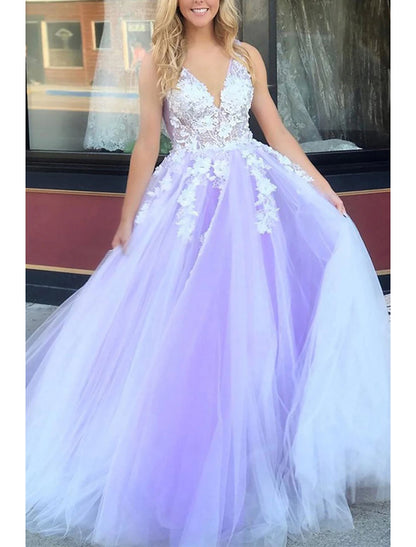 Ball Gown A-Line Prom Dresses Color Block Dress Formal Floor Length Sleeveless V Neck Tulle Backless V Back with Beading Appliques