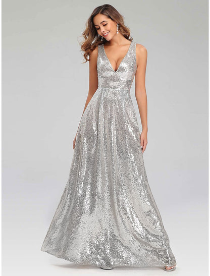 A-Line Prom Dresses Sparkle Dress Wedding Guest Engagement Floor Length Sleeveless V Neck Polyester V Back with Sequin