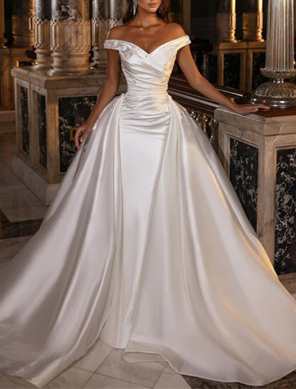 Engagement Formal Wedding Dresses Ball Gown Off Shoulder Cap Sleeve Chapel Train Satin Bridal Gowns With Ruched Flower