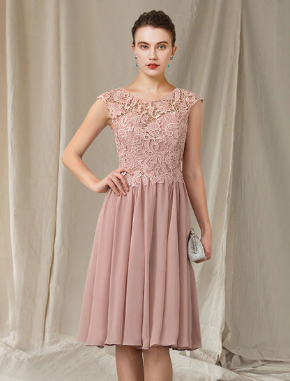 A-Line Mother of the Bride Dress Elegant Jewel Neck Knee Length Chiffon Lace Sleeveless with Pleats Appliques