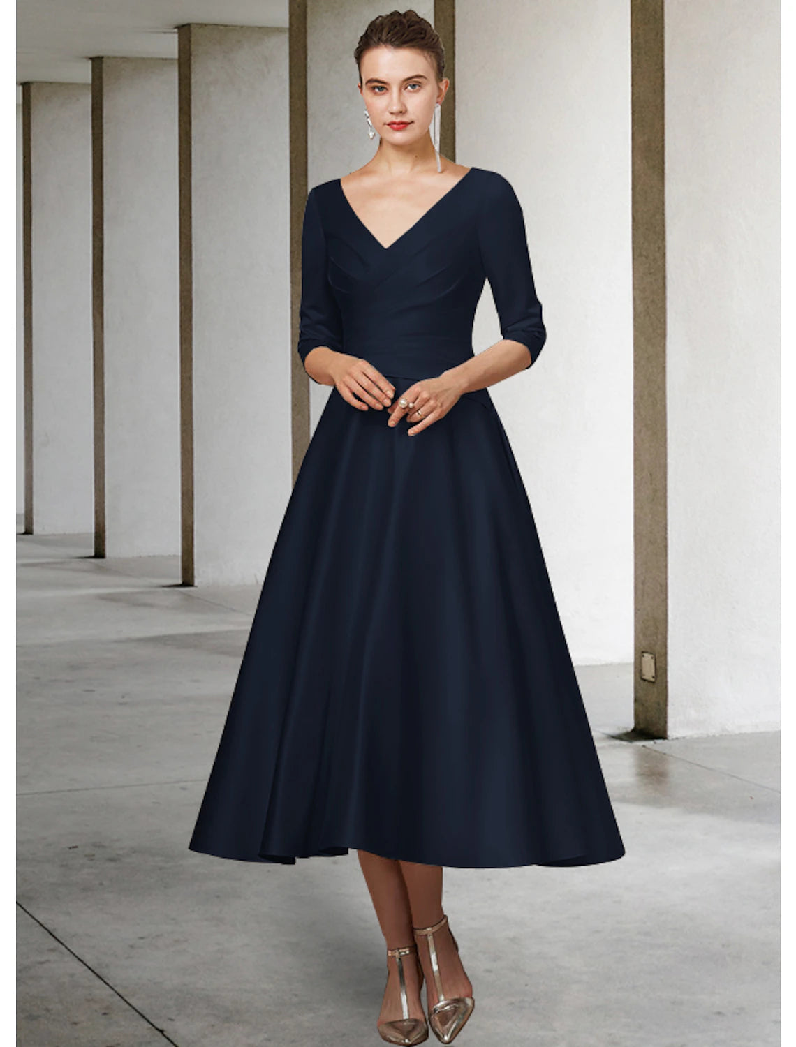 A-Line Mother of the Bride Dress Elegant V Neck Tea Length Satin Half Sleeve with Pleats Ruching