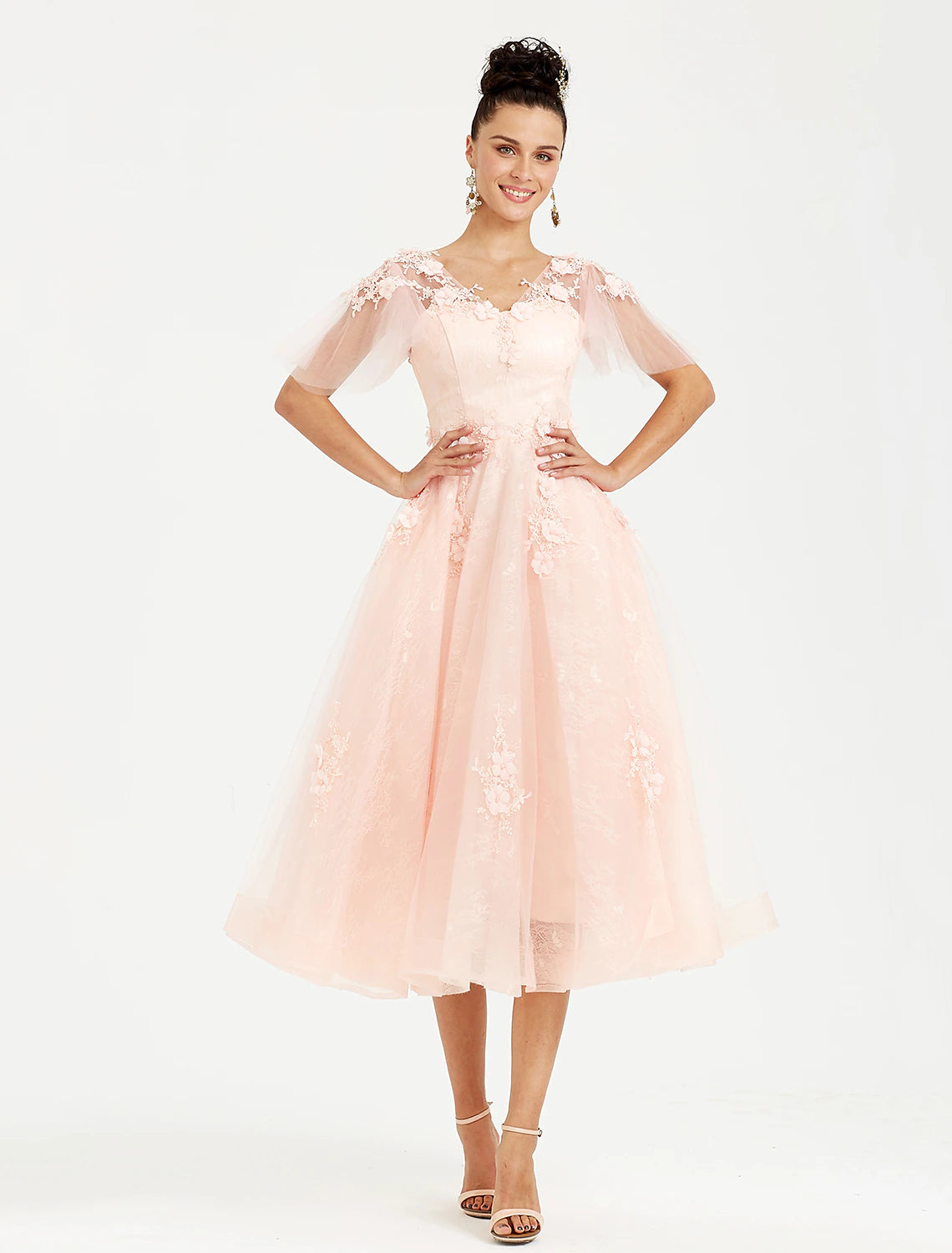 A-Line Prom Dresses Elegant Dress Wedding Guest Tea Length Short Sleeve V Neck Tulle with Appliques