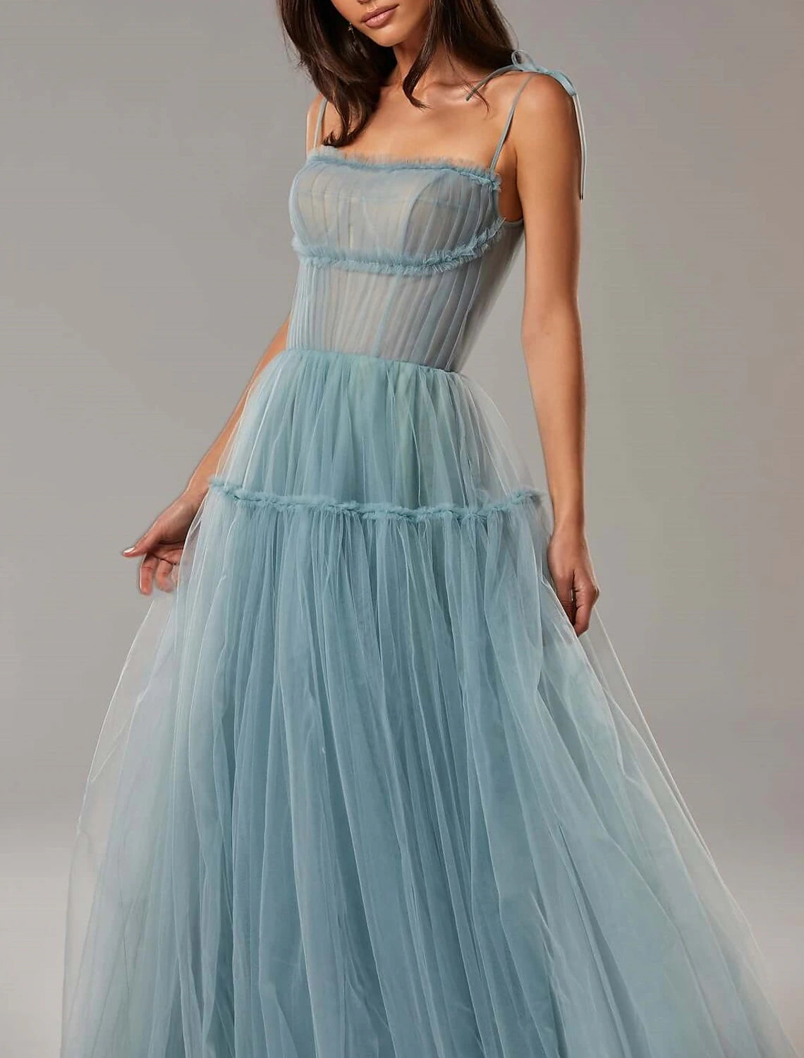 A-Line Prom Dresses Elegant Dress Wedding Guest Prom Floor Length Sleeveless Spaghetti Strap Tulle with Pleats Ruffles