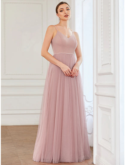 A-Line Prom Dresses Vintage Dress Wedding Guest Prom Floor Length Sleeveless V Neck Bridesmaid Dress Tulle V Back with Pleats Draping