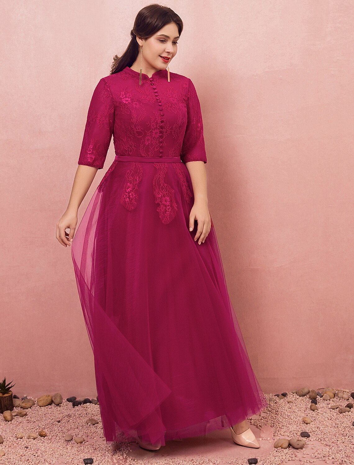 A-Line Chinese Style Plus Size Engagement Formal Evening Dress High Neck Half Sleeve Floor Length Lace with Buttons