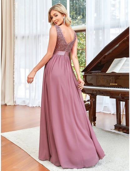 A-Line Prom Dresses Elegant Dress Wedding Guest Floor Length Sleeveless V Neck Chiffon V Back with Draping Pure Color