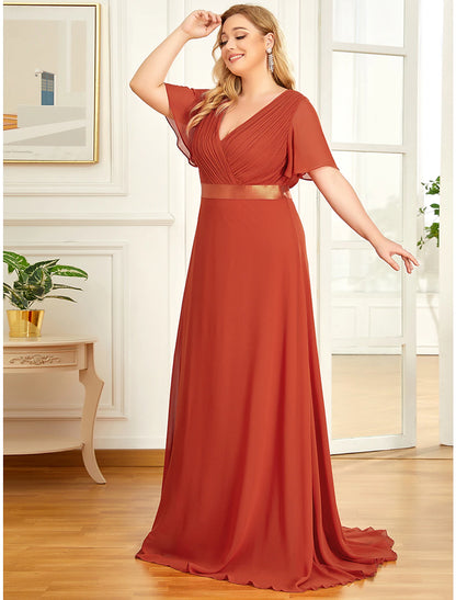 A-Line Empire Fall Wedding Guest Dress For Bridesmaid Plus Size Formal Evening Dress V Neck Short Sleeve Floor Length Chiffon with Pleats Ruched