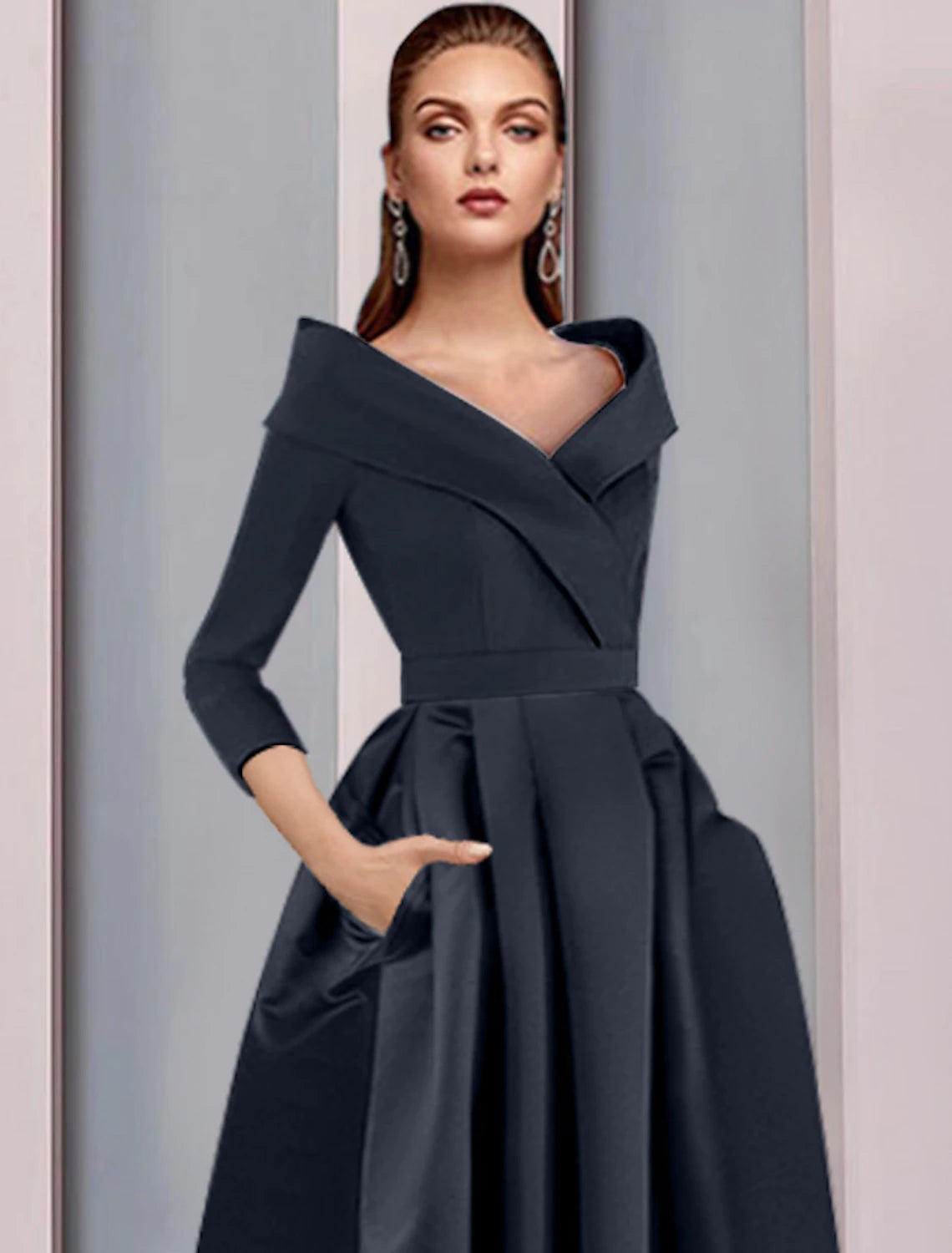 A-Line Mother of the Bride Dress Wedding Guest Elegant High Low Sweet Spaghetti Strap Asymmetrical Tea Length Satin 3/4 Length Sleeve with Pleats Fall