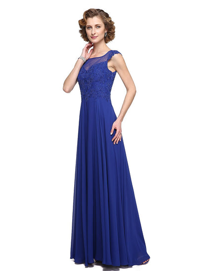 A-Line Mother of the Bride Dress Elegant Jewel Neck Ankle Length Chiffon Lace Sleeveless with Appliques